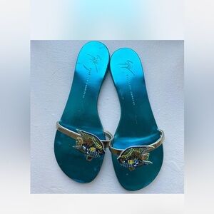 ❌SOLD❌ Giuseppe Zanotti Blue and Gold Fish Embellished Sandals